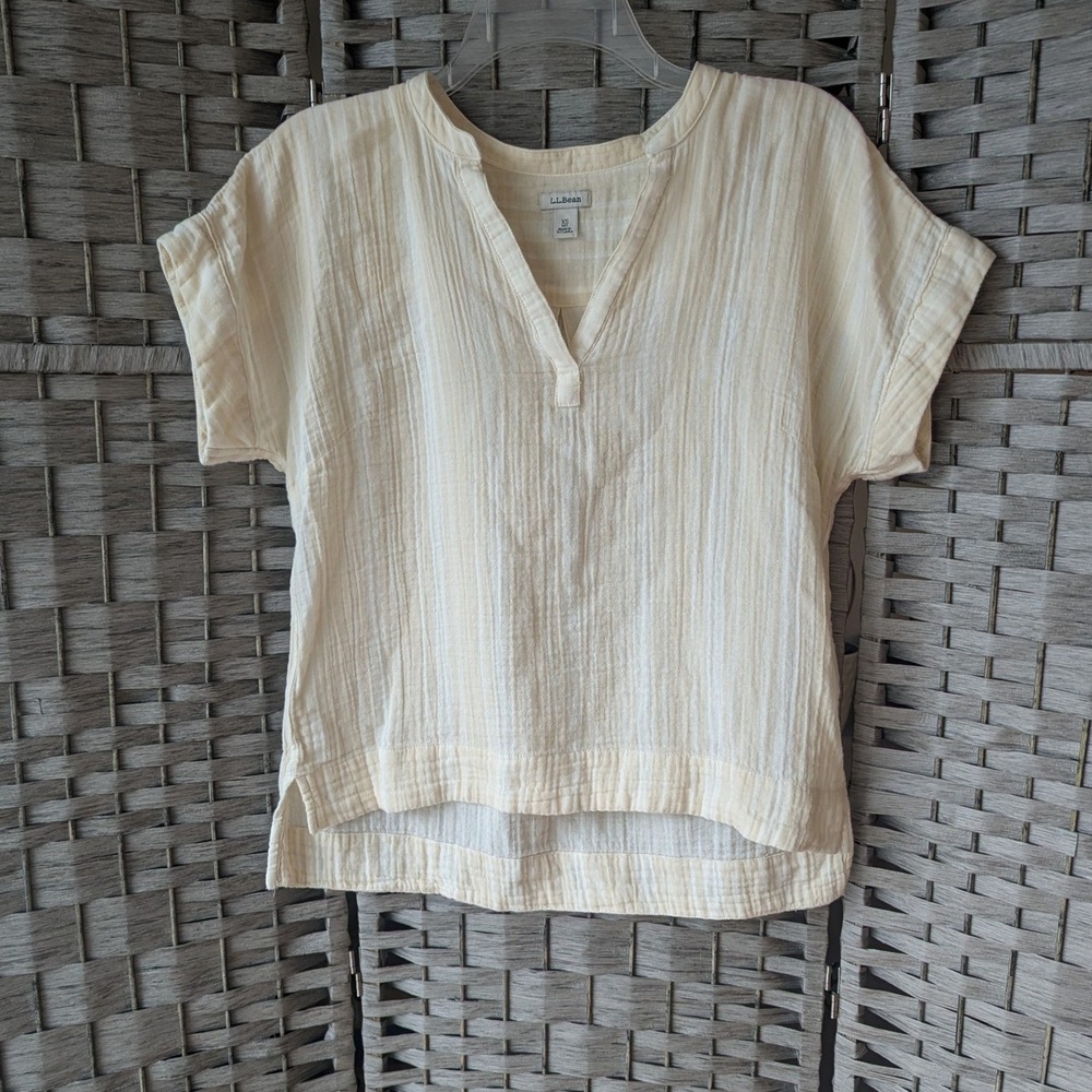 L.L. Bean Top Cream Striped Double Gauze Cotton Split Neck XSP Neutral Relaxed